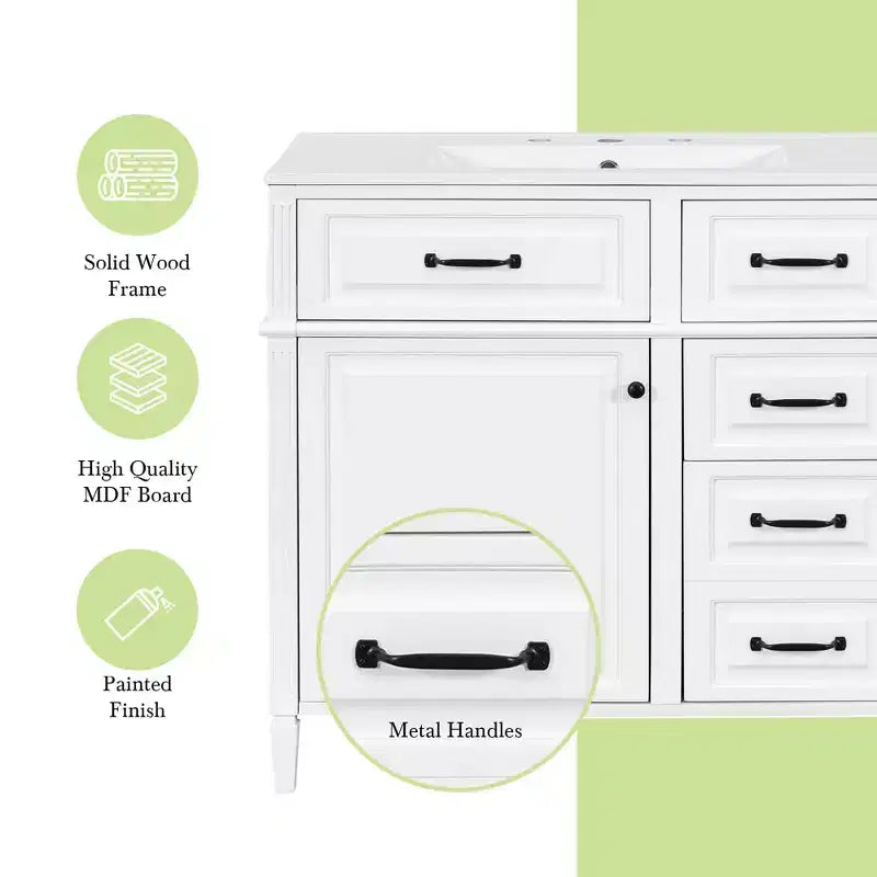 36" Bathroom Vanity with Sink, White Solid Wood, 3 Drawers, 2 Doors, Black Metal Handles, MDF