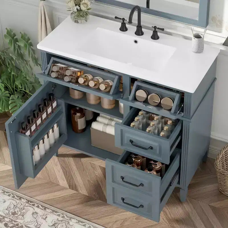 36" Bathroom Vanity with Sink, White Solid Wood, 3 Drawers, 2 Doors, Black Metal Handles, MDF