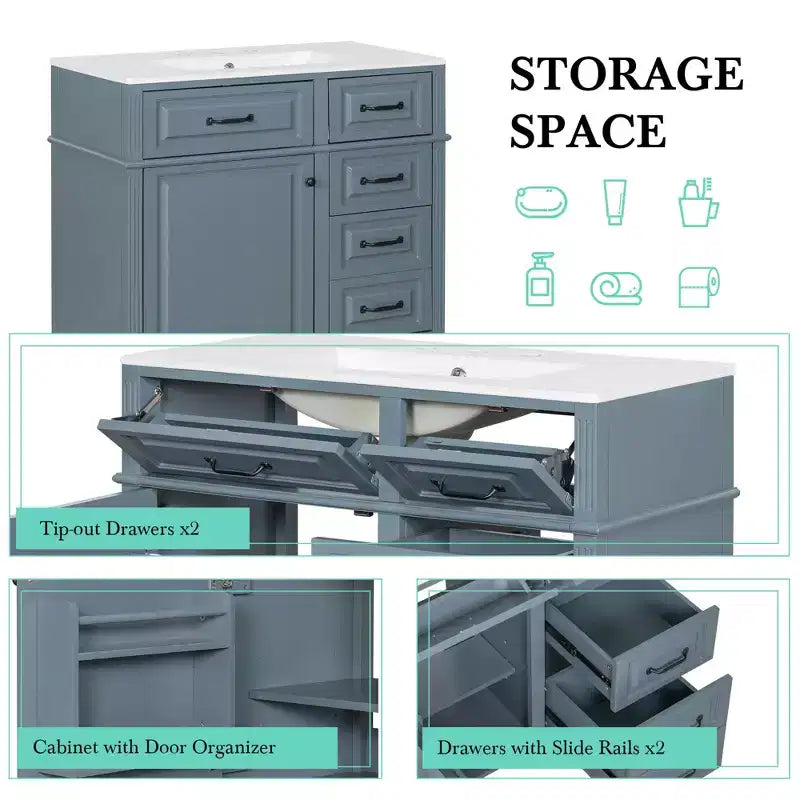36" Bathroom Vanity with Sink, White Solid Wood, 3 Drawers, 2 Doors, Black Metal Handles, MDF