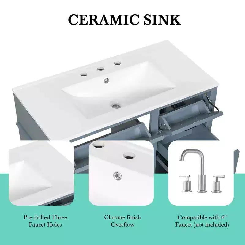 36" Bathroom Vanity with Sink, White Solid Wood, 3 Drawers, 2 Doors, Black Metal Handles, MDF
