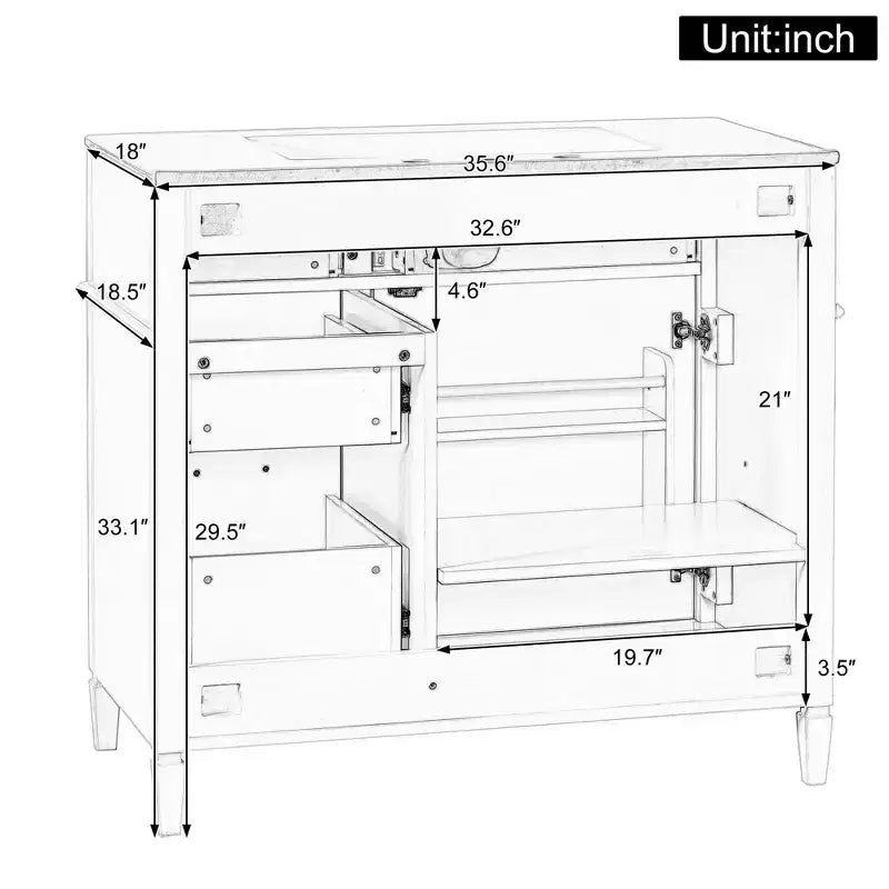 36" Bathroom Vanity with Sink, White Solid Wood, 3 Drawers, 2 Doors, Black Metal Handles, MDF