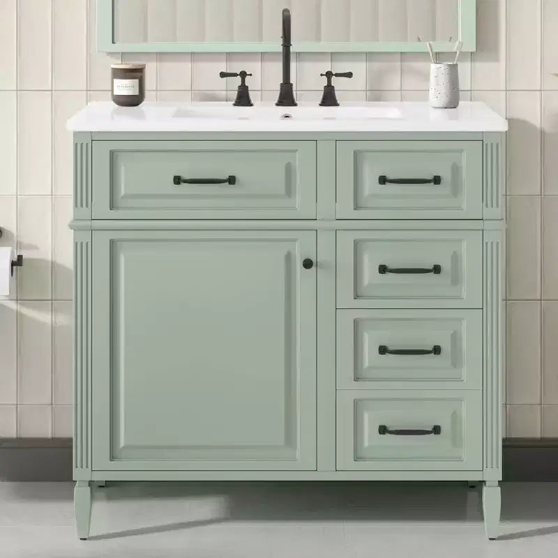 36" Bathroom Vanity with Sink, White Solid Wood, 3 Drawers, 2 Doors, Black Metal Handles, MDF
