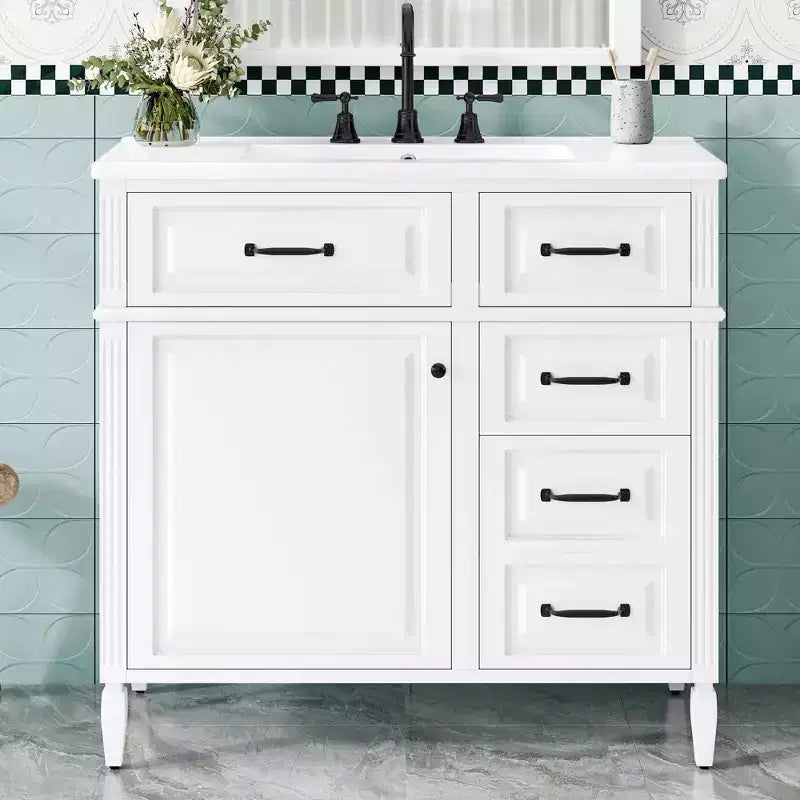 36" Bathroom Vanity with Sink, White Solid Wood, 3 Drawers, 2 Doors, Black Metal Handles, MDF