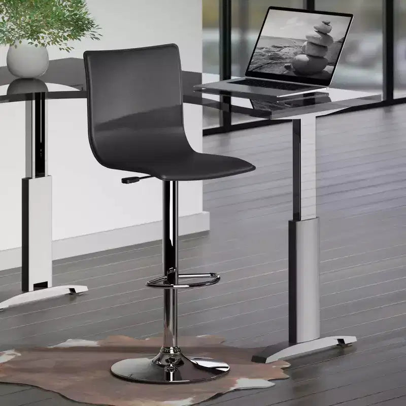 High Back L-Shaped Air Lift Adjustable Height Barstool, Black Faux Leather, Swivel, 200lb Capacity