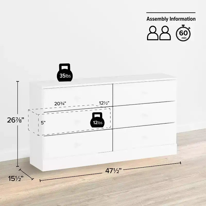6-Drawer Double Dresser for Bedroom, Wide Chest of Drawers, White, 26.85" Height