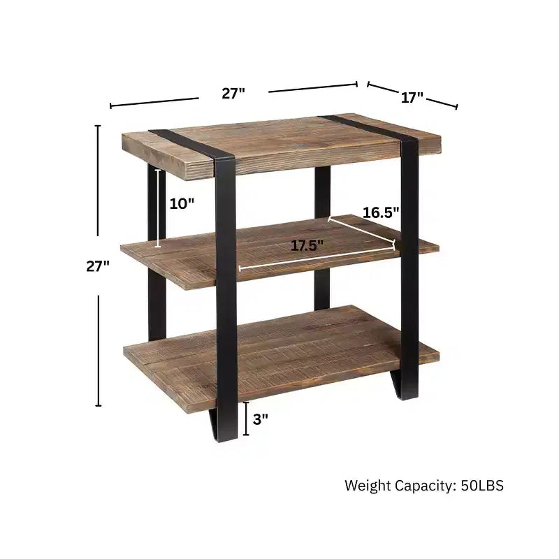 27" Wide 2-Shelf End Table with Metal Strap, Rustic Industrial Design, Black Frame