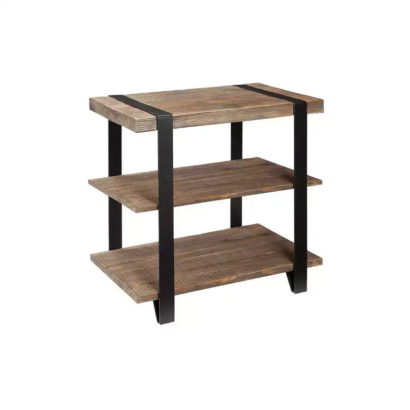 27" Wide 2-Shelf End Table with Metal Strap, Rustic Industrial Design, Black Frame