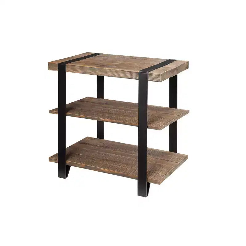 27" Wide 2-Shelf End Table with Metal Strap, Rustic Industrial Design, Black Frame