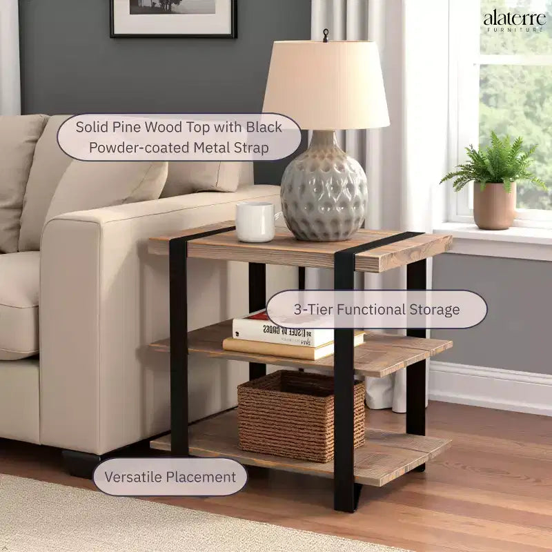 27" Wide 2-Shelf End Table with Metal Strap, Rustic Industrial Design, Black Frame