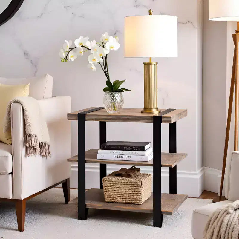 27" Wide 2-Shelf End Table with Metal Strap, Rustic Industrial Design, Black Frame