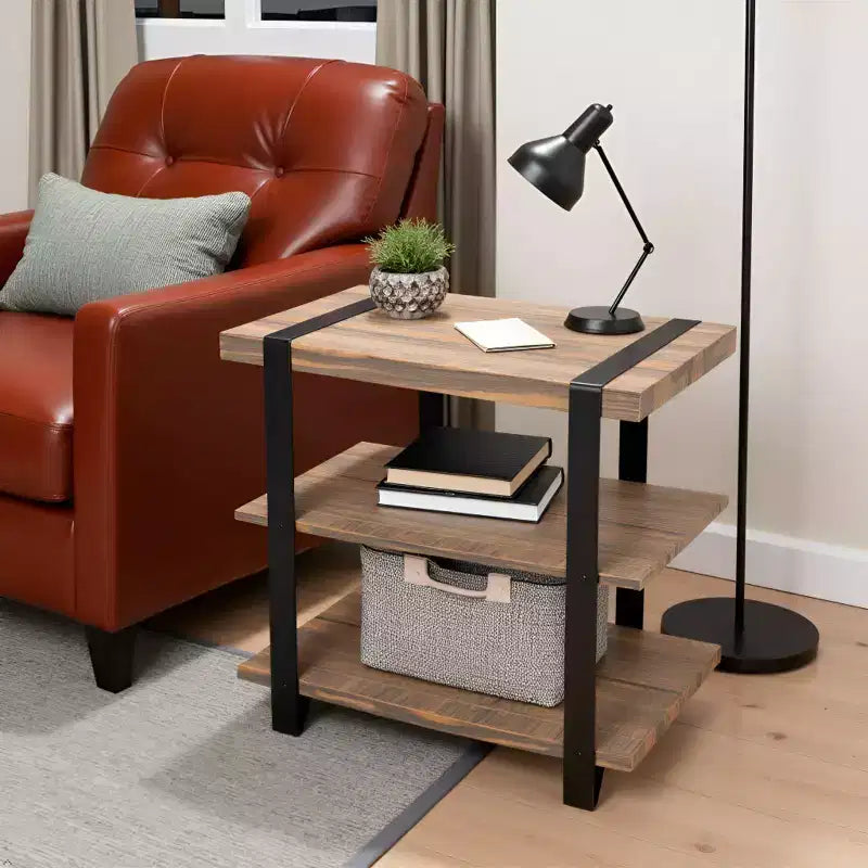 27" Wide 2-Shelf End Table with Metal Strap, Rustic Industrial Design, Black Frame