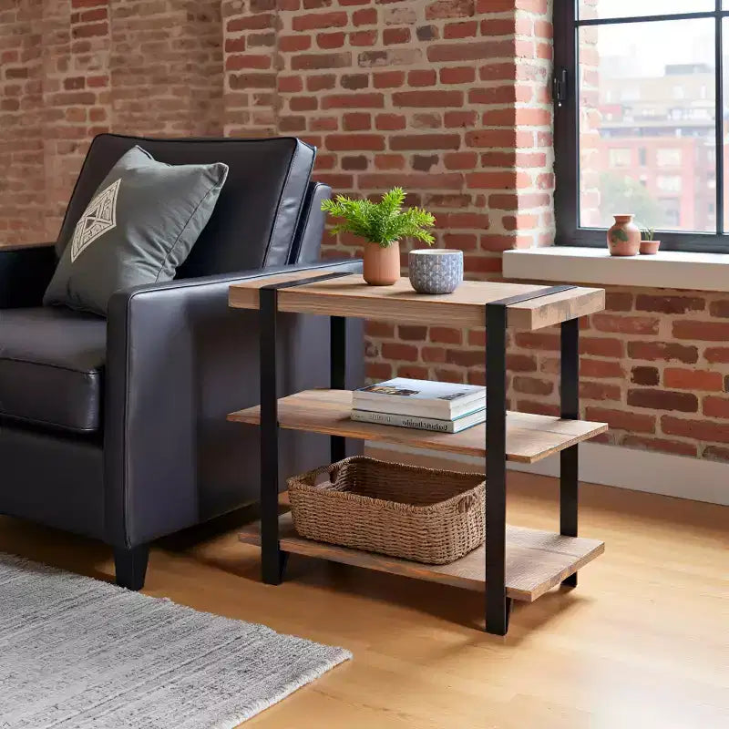 27" Wide 2-Shelf End Table with Metal Strap, Rustic Industrial Design, Black Frame