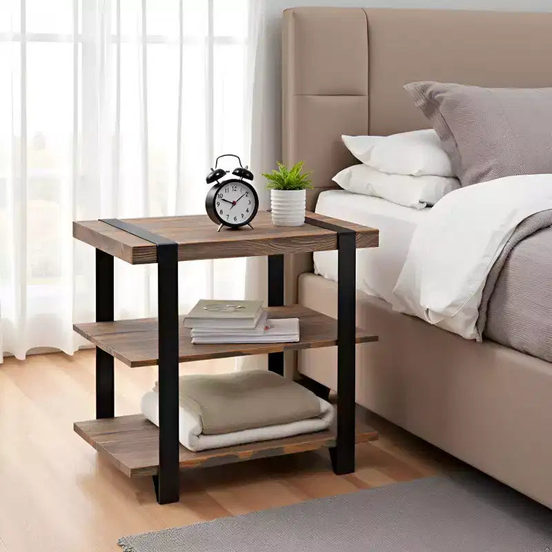 27" Wide 2-Shelf End Table with Metal Strap, Rustic Industrial Design, Black Frame