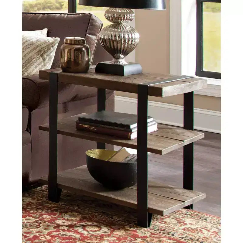 27" Wide 2-Shelf End Table with Metal Strap, Rustic Industrial Design, Black Frame