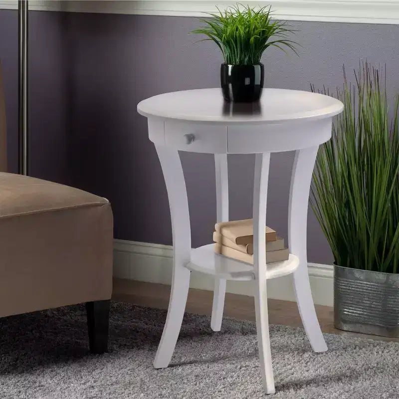 Round Accent Table with Flared Legs, White