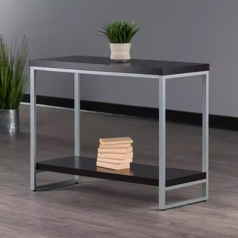 Console Table, Enamel Steel Tube Frame, Dark Espresso, Entryway Accent with Bottom Shelf Storage
