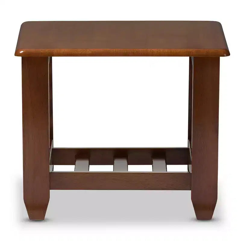 Mission Style Living Room End Table, Cherry Brown Rubberwood, Square Side Table with Shelf