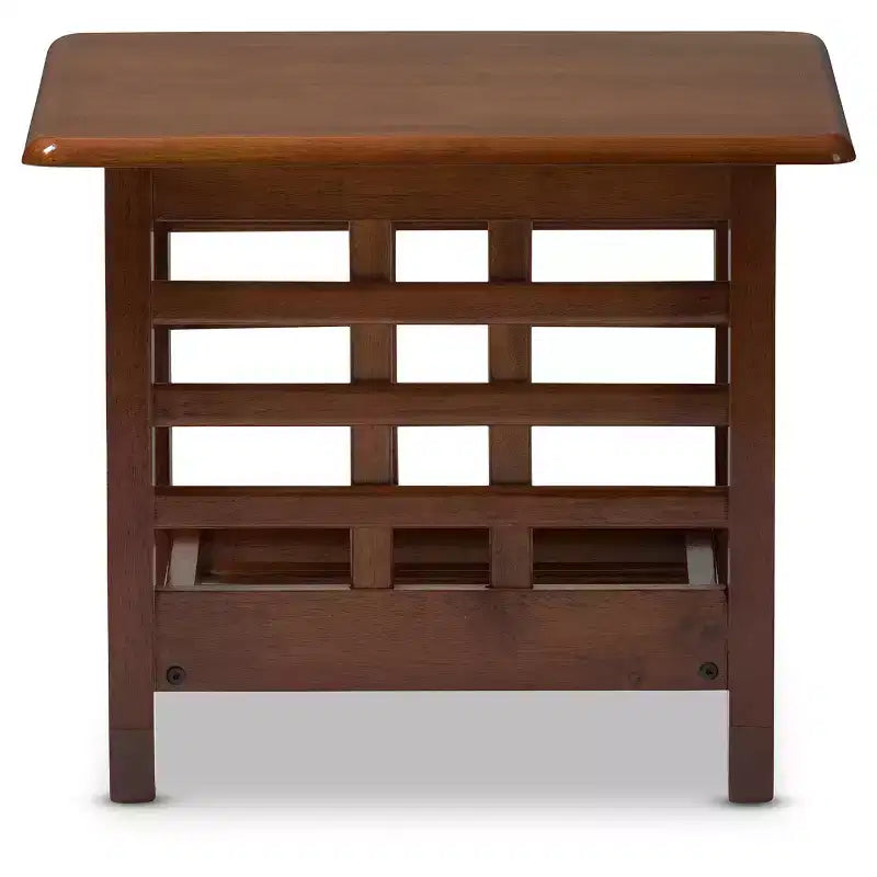 Mission Style Living Room End Table, Cherry Brown Rubberwood, Square Side Table with Shelf