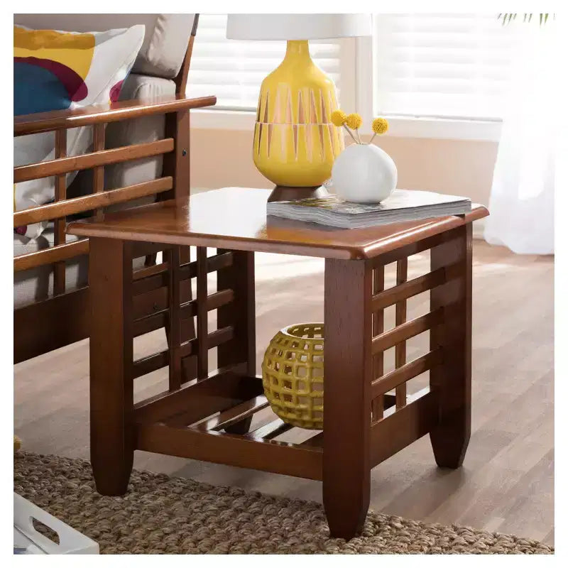 Mission Style Living Room End Table, Cherry Brown Rubberwood, Square Side Table with Shelf