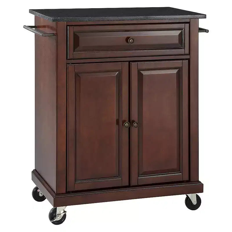 Portable Kitchen Cart/Island with Solid Black Granite Top, Solid Hardwood, Drawers and Adjustable Shelf