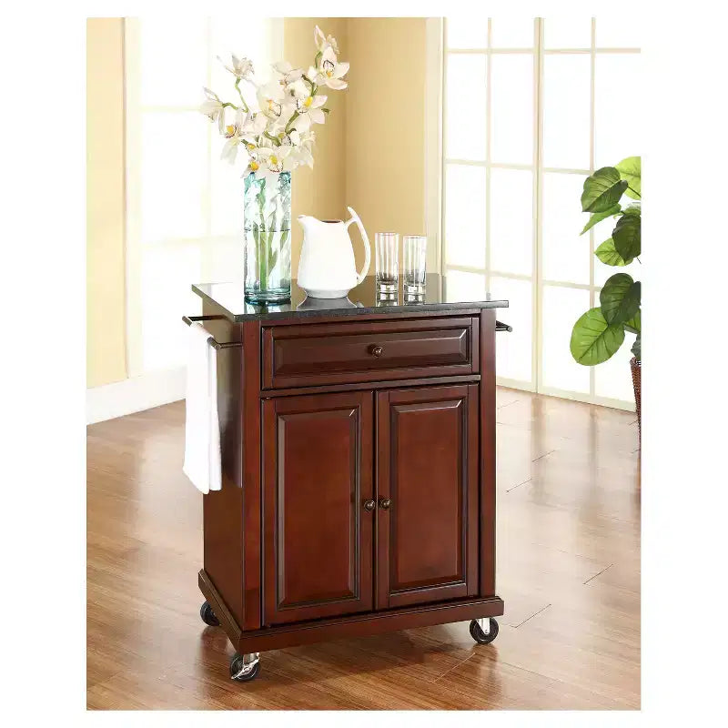 Portable Kitchen Cart/Island with Solid Black Granite Top, Solid Hardwood, Drawers and Adjustable Shelf