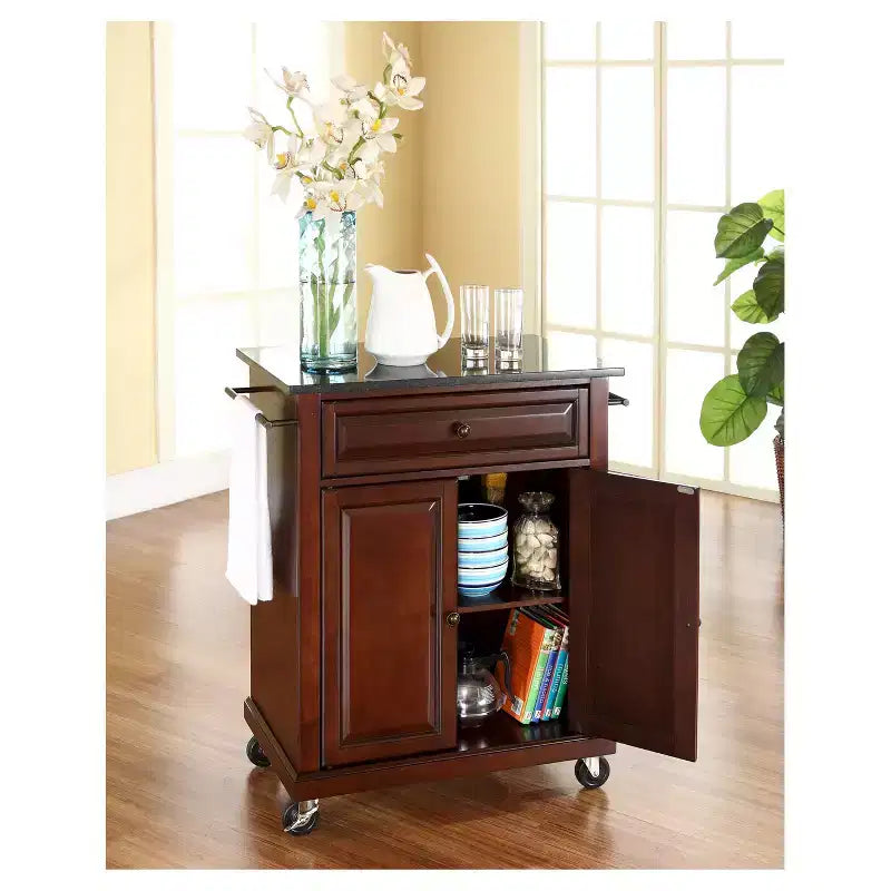 Portable Kitchen Cart/Island with Solid Black Granite Top, Solid Hardwood, Drawers and Adjustable Shelf