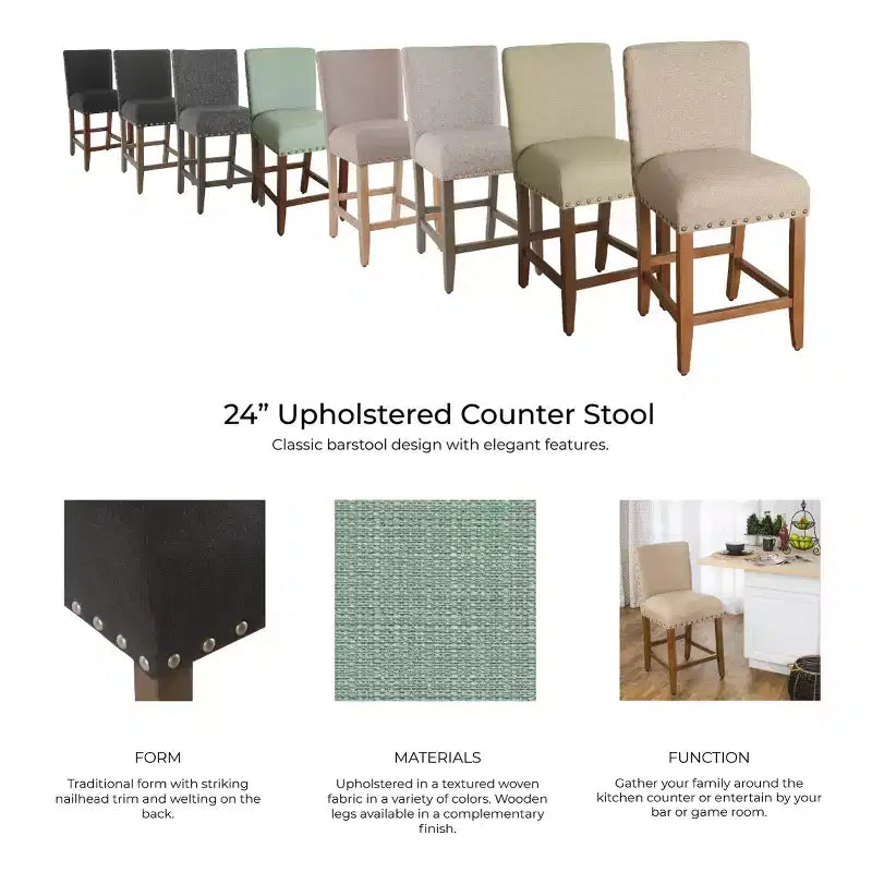 24" Upholstered Counter Height Barstool with Nailhead Trim