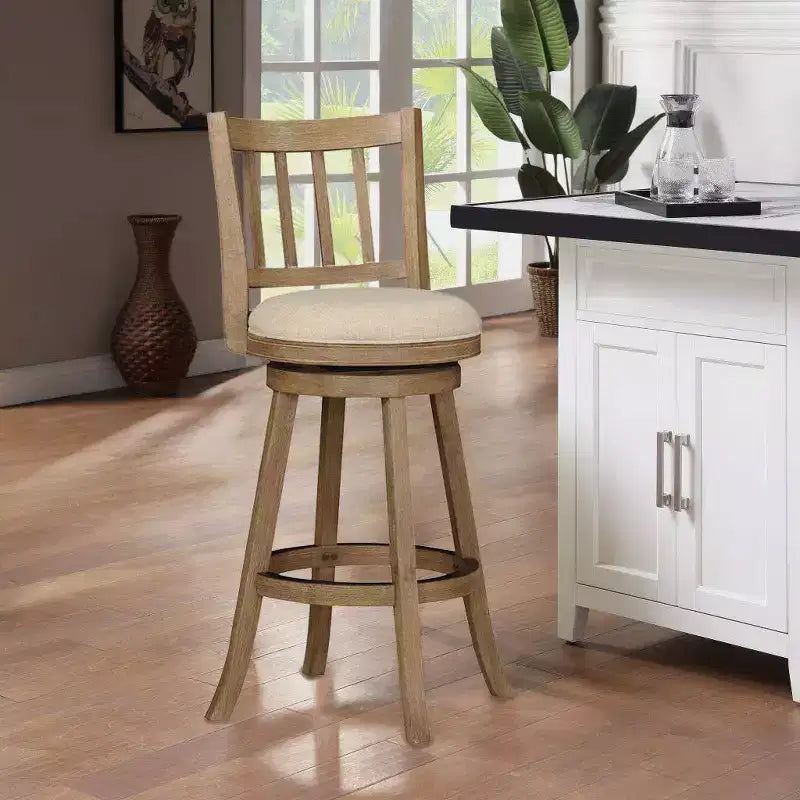 29" Round Wood Barstool with Cushioned Seat, High Back and Footrest