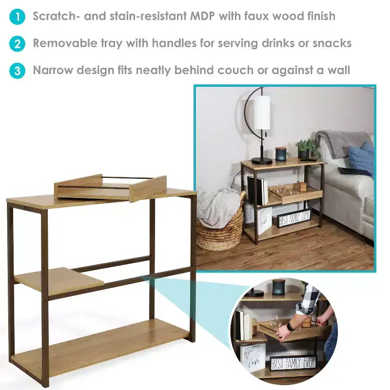 3-Shelf Sofa Console Table with Removable Serving Tray, Brown, 31.75"W x 12"D x 28.25"H