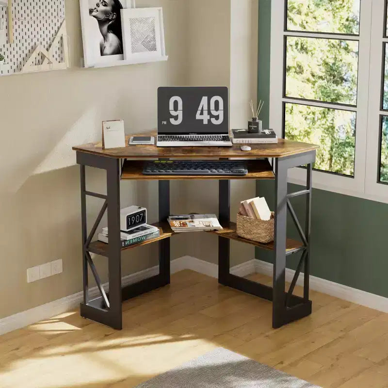 41" Corner Computer Desk with Storage Shelves and Charging Station, 2 AC Outlets, 2 USB Ports, Pull-Out Keyboard Tray