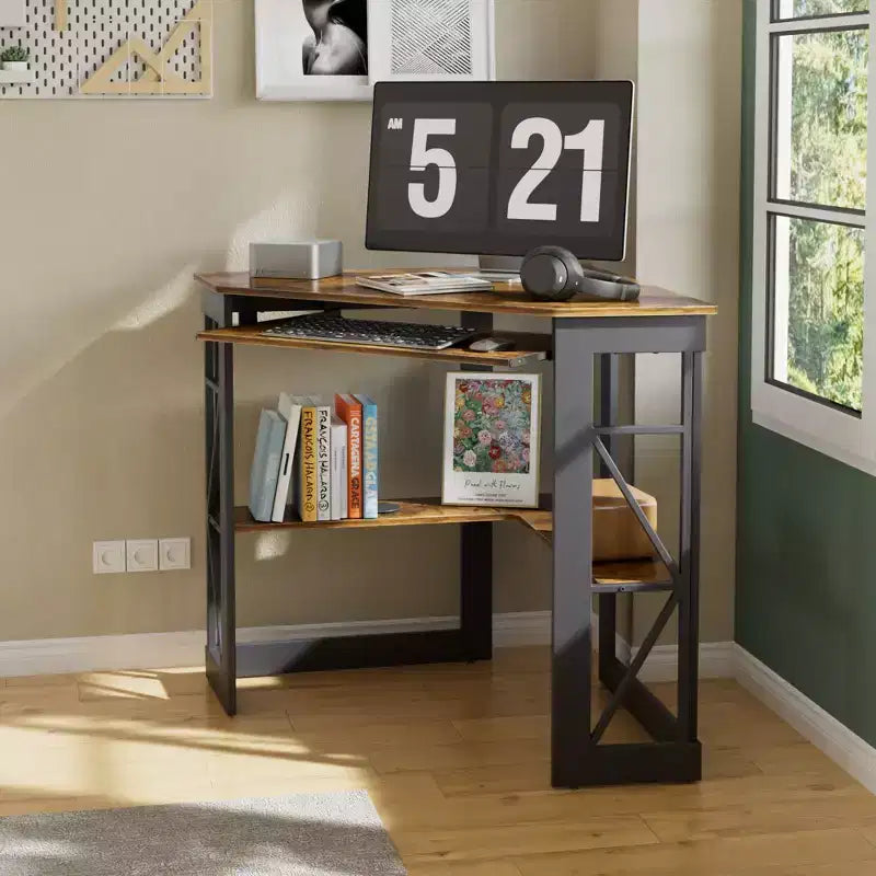 41" Corner Computer Desk with Storage Shelves and Charging Station, 2 AC Outlets, 2 USB Ports, Pull-Out Keyboard Tray