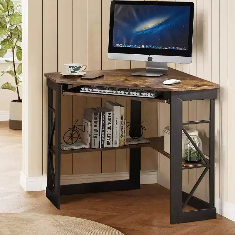 41" Corner Computer Desk with Storage Shelves and Charging Station, 2 AC Outlets, 2 USB Ports, Pull-Out Keyboard Tray