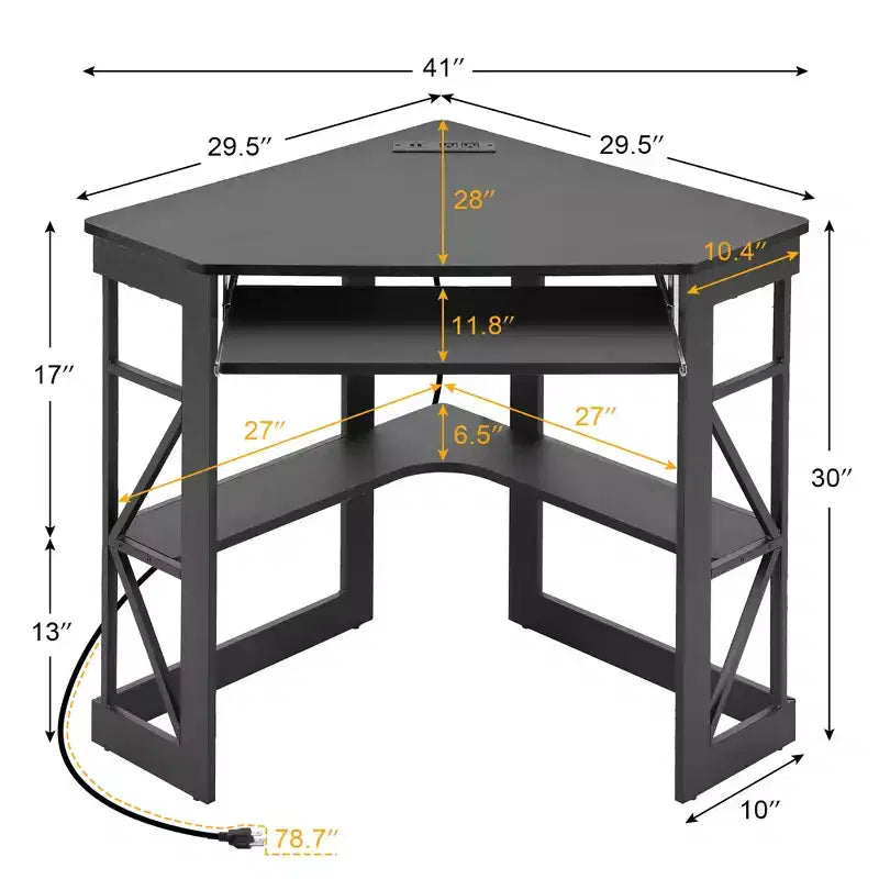 41" Corner Computer Desk with Storage Shelves and Charging Station, 2 AC Outlets, 2 USB Ports, Pull-Out Keyboard Tray