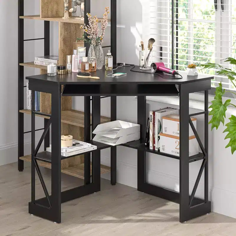 41" Corner Computer Desk with Storage Shelves and Charging Station, 2 AC Outlets, 2 USB Ports, Pull-Out Keyboard Tray