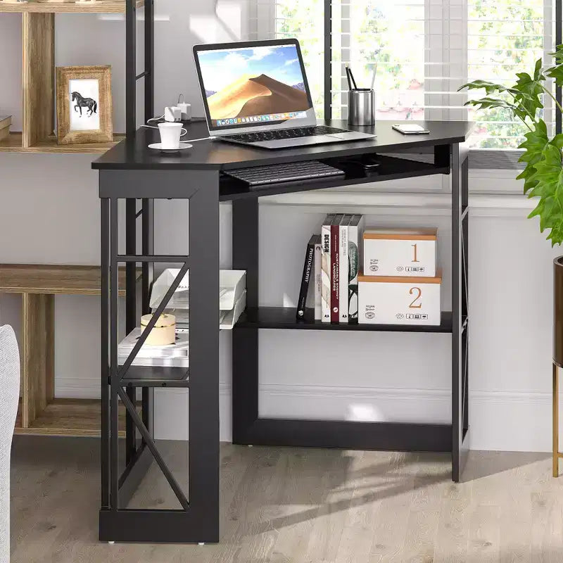 41" Corner Computer Desk with Storage Shelves and Charging Station, 2 AC Outlets, 2 USB Ports, Pull-Out Keyboard Tray
