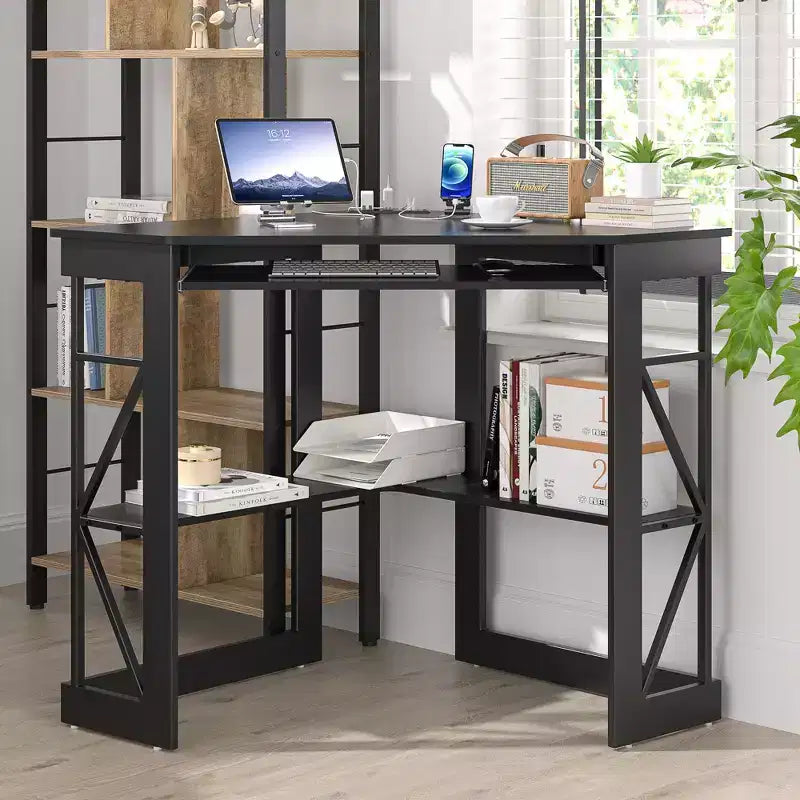 41" Corner Computer Desk with Storage Shelves and Charging Station, 2 AC Outlets, 2 USB Ports, Pull-Out Keyboard Tray