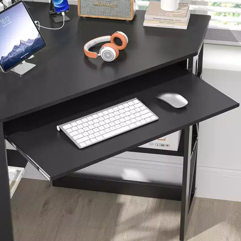 41" Corner Computer Desk with Storage Shelves and Charging Station, 2 AC Outlets, 2 USB Ports, Pull-Out Keyboard Tray