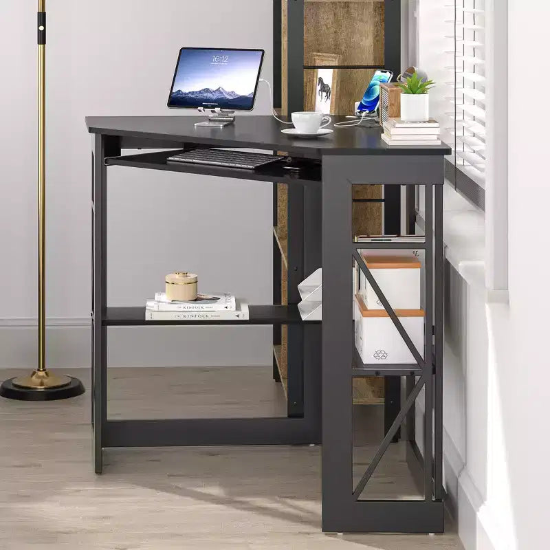 41" Corner Computer Desk with Storage Shelves and Charging Station, 2 AC Outlets, 2 USB Ports, Pull-Out Keyboard Tray