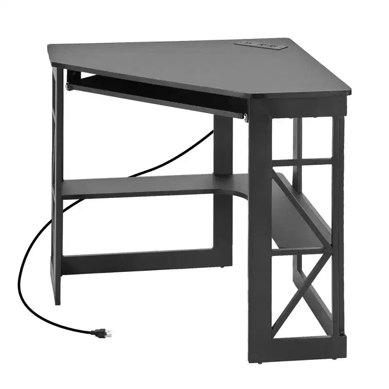 41" Corner Computer Desk with Storage Shelves and Charging Station, 2 AC Outlets, 2 USB Ports, Pull-Out Keyboard Tray