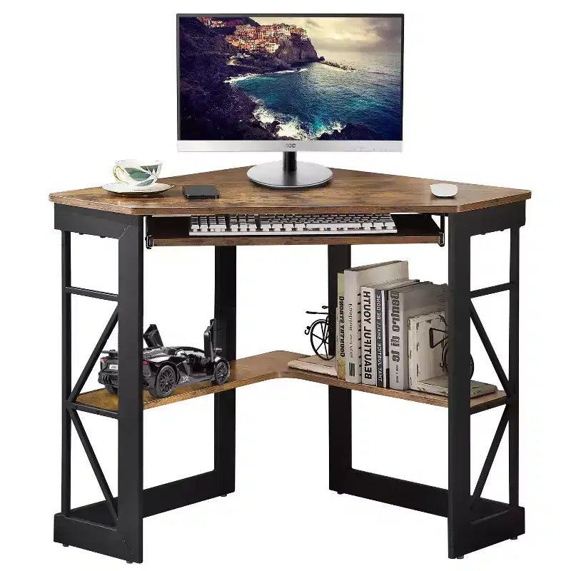 41" Corner Computer Desk with Storage Shelves and Charging Station, 2 AC Outlets, 2 USB Ports, Pull-Out Keyboard Tray