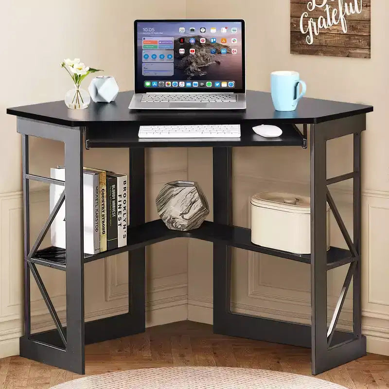 41" Corner Computer Desk with Storage Shelves and Charging Station, 2 AC Outlets, 2 USB Ports, Pull-Out Keyboard Tray