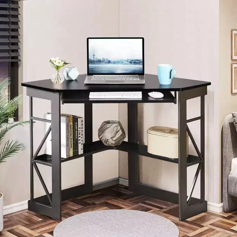 41" Corner Computer Desk with Storage Shelves and Charging Station, 2 AC Outlets, 2 USB Ports, Pull-Out Keyboard Tray