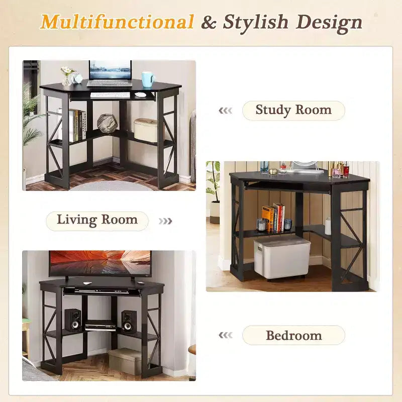 41" Corner Computer Desk with Storage Shelves and Charging Station, 2 AC Outlets, 2 USB Ports, Pull-Out Keyboard Tray