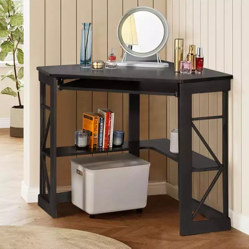 41" Corner Computer Desk with Storage Shelves and Charging Station, 2 AC Outlets, 2 USB Ports, Pull-Out Keyboard Tray