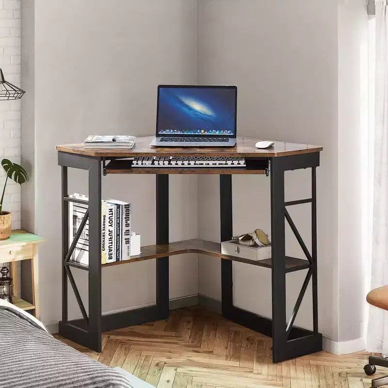 41" Corner Computer Desk with Storage Shelves and Charging Station, 2 AC Outlets, 2 USB Ports, Pull-Out Keyboard Tray
