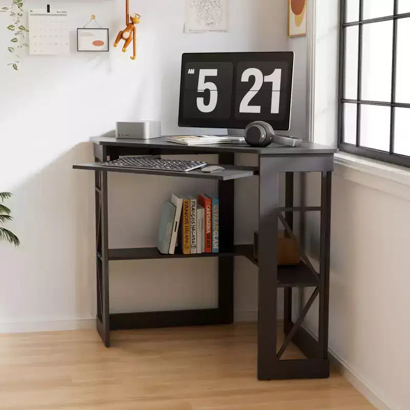 41" Corner Computer Desk with Storage Shelves and Charging Station, 2 AC Outlets, 2 USB Ports, Pull-Out Keyboard Tray