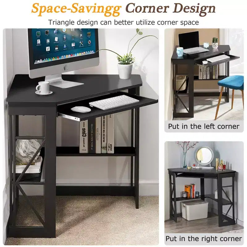 41" Corner Computer Desk with Storage Shelves and Charging Station, 2 AC Outlets, 2 USB Ports, Pull-Out Keyboard Tray