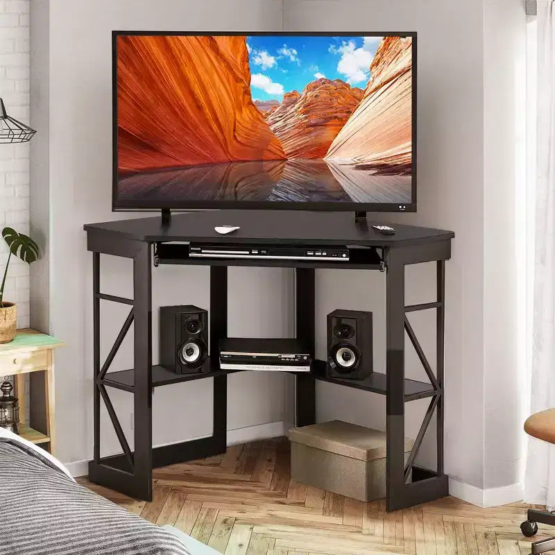 41" Corner Computer Desk with Storage Shelves and Charging Station, 2 AC Outlets, 2 USB Ports, Pull-Out Keyboard Tray