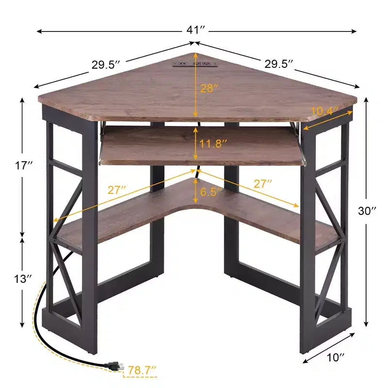 41" Corner Computer Desk with Storage Shelves and Charging Station, 2 AC Outlets, 2 USB Ports, Pull-Out Keyboard Tray