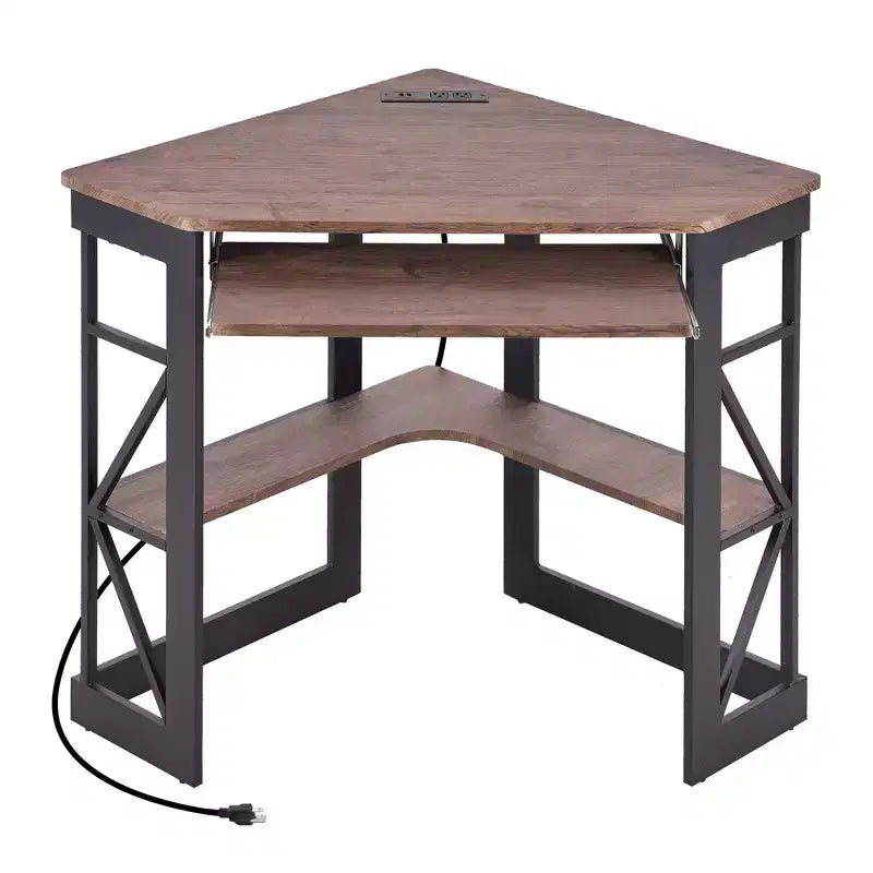 41" Corner Computer Desk with Storage Shelves and Charging Station, 2 AC Outlets, 2 USB Ports, Pull-Out Keyboard Tray